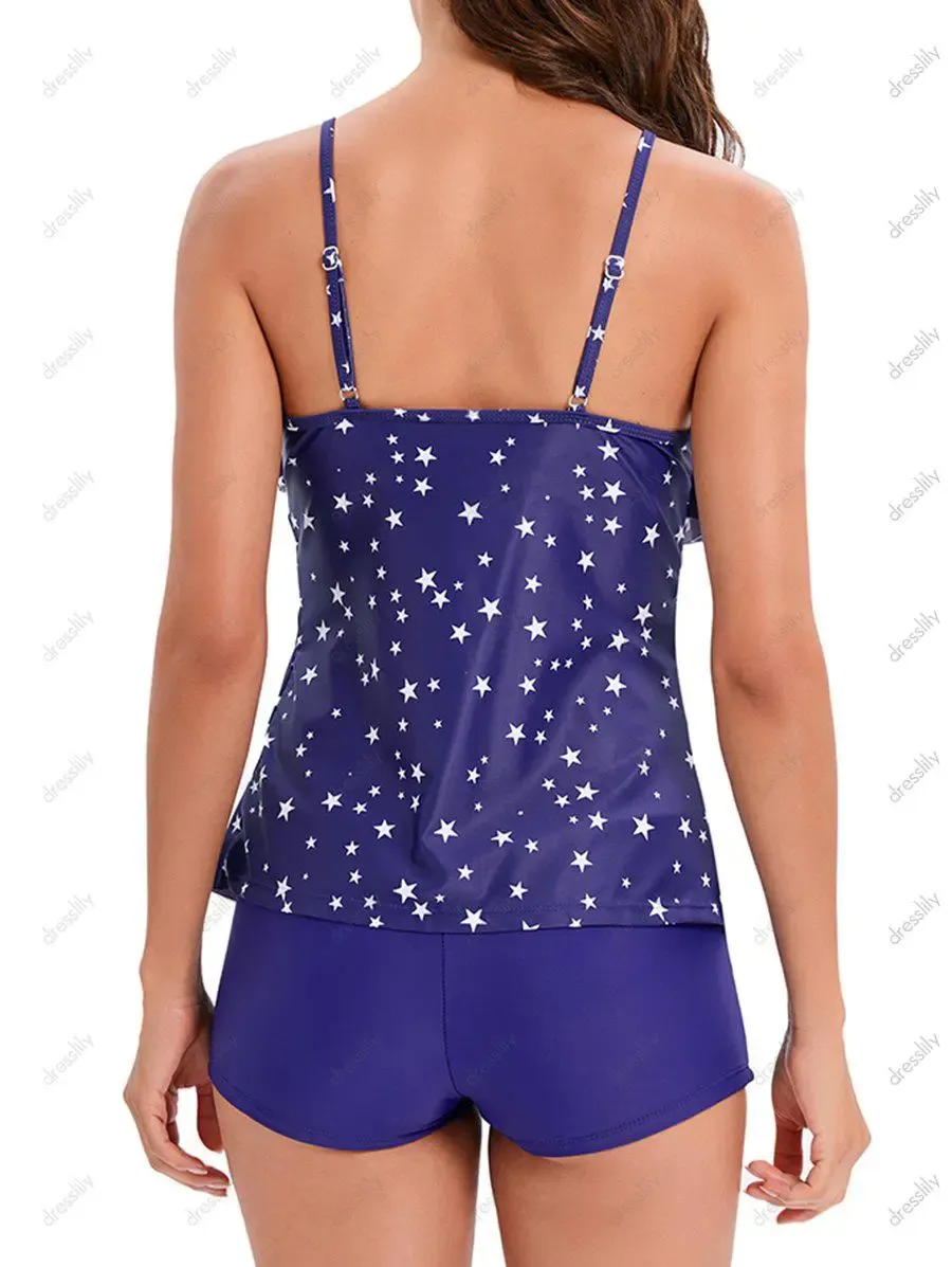 Tummy Control Modest Swimsuit American Flag Print Tankini Swimwear Set Flounce Padded Boyleg Bathing Suit