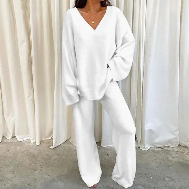 Women's Fleece Lounge Sets 2 Pieces Solid Color Fluffy Fuzzy Warm Pajama V Neck Long Sleeve for Fall Winter White S 3XL