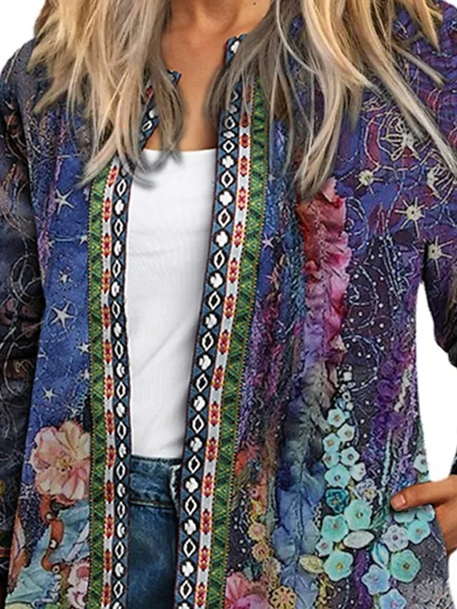 Women's Casual Jacket Floral Print Fall Winter Regular Coat Regular Fit Casual Baroque Jacket Long Sleeve Blue Daily Holiday