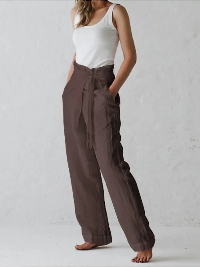 Women's Wide Leg Linen Pants Slacks Full Length Faux Linen Baggy High Waist Yoga Chino Black Dark Blue S M