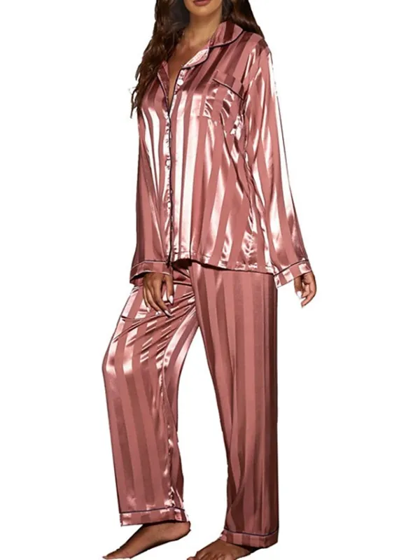 Women's Pajamas Sets Stripe Simple Comfort Soft Christmas Daily Carnival Satin Gift Lapel Long Sleeve Shirt Pant Button Pocket Fall Spring Pink Fuchsia