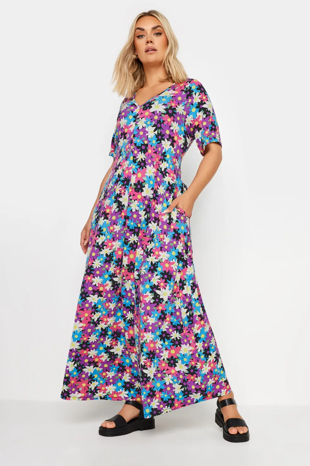YOURS Curve Black & Pink Floral Print Maxi Dress