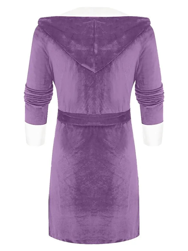 Women's Pajamas Bathrobe Robes Gown Pure Color Warm Plush Comfort Home Daily Bed Polyester Breathable Hoodie Long Sleeve Pocket Fall Winter Red Lavender