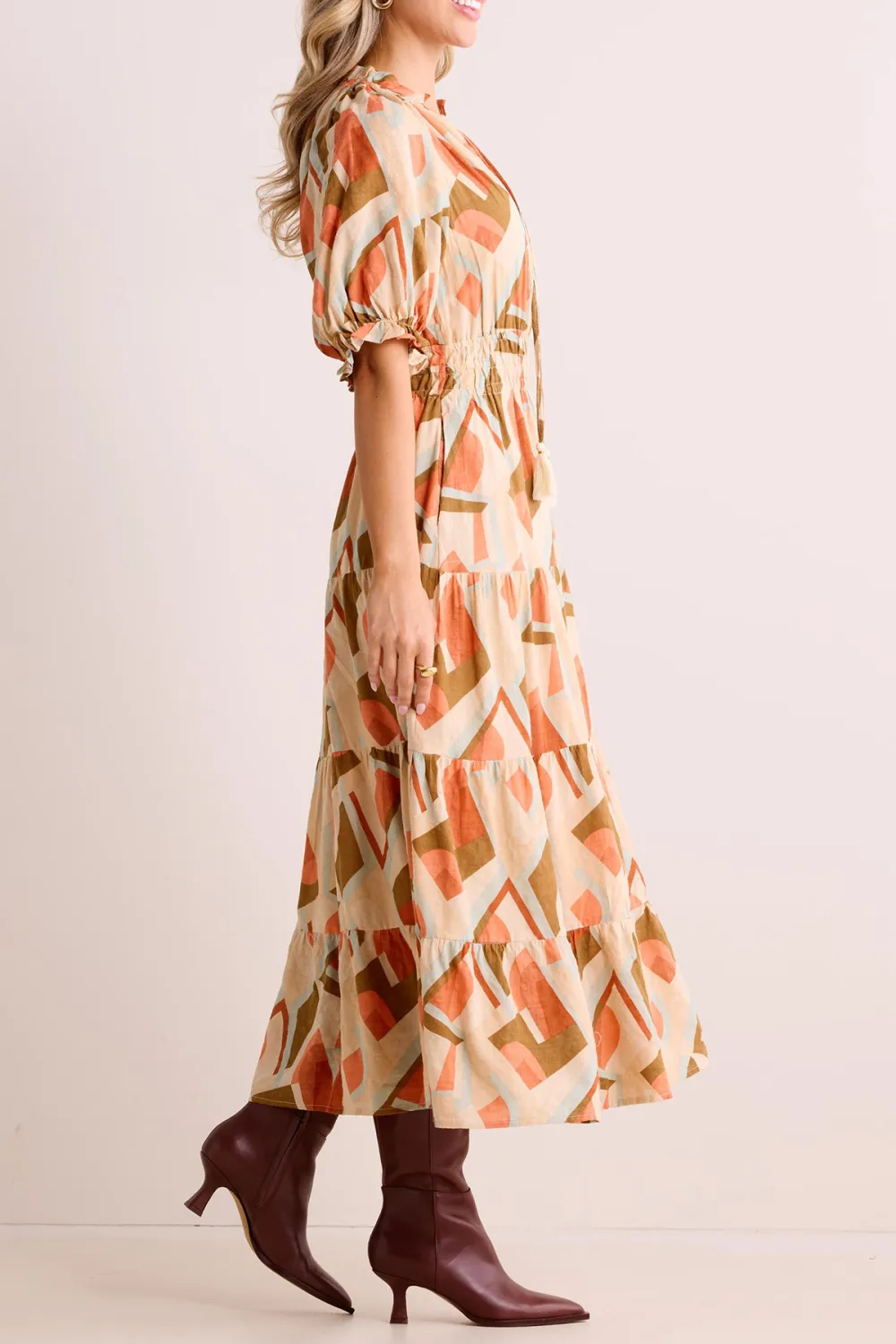 Multicolored Abstract Print Tie-Waist Maxi Dress