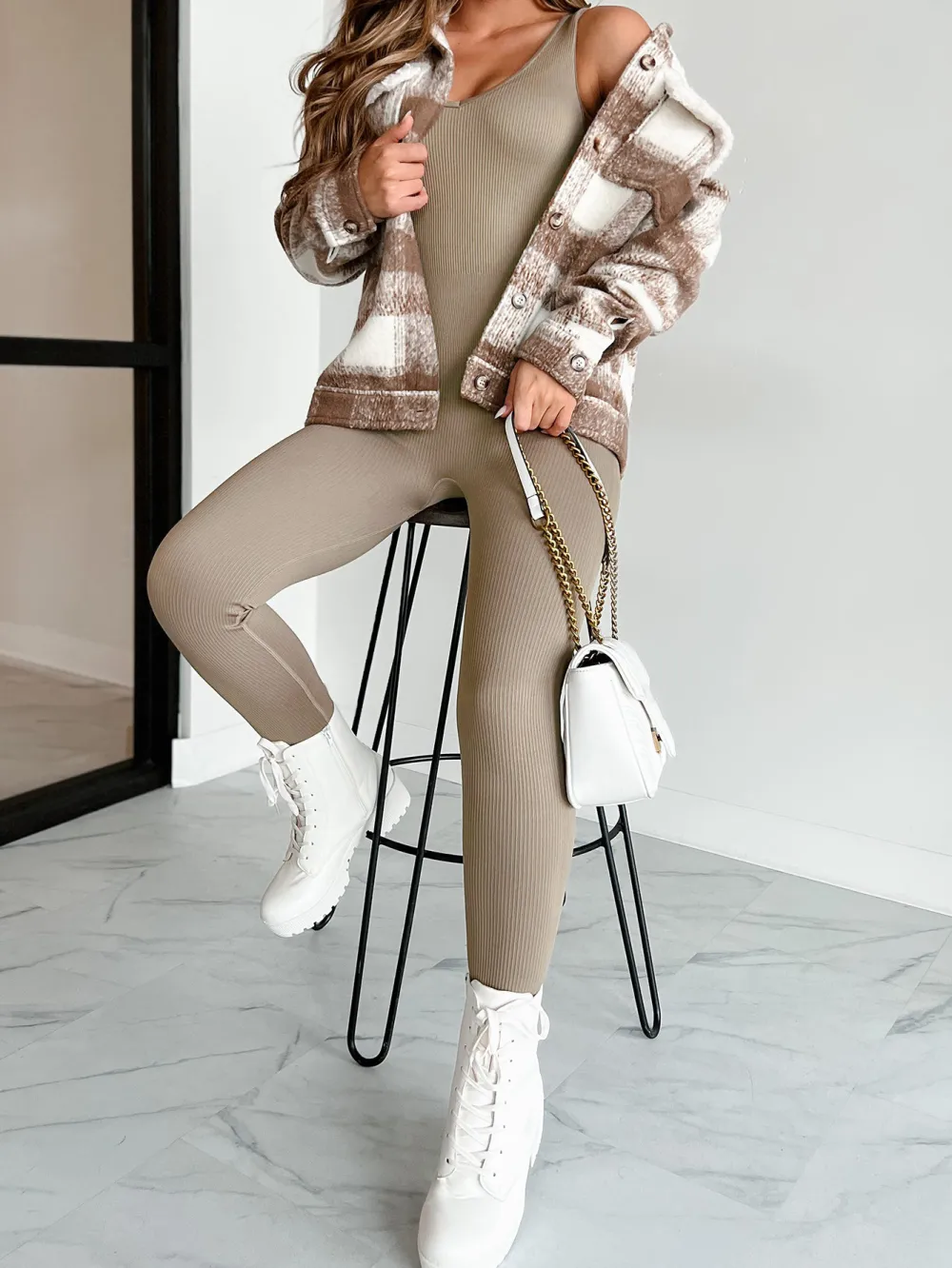 Khaki Plaid Lapel Jacket