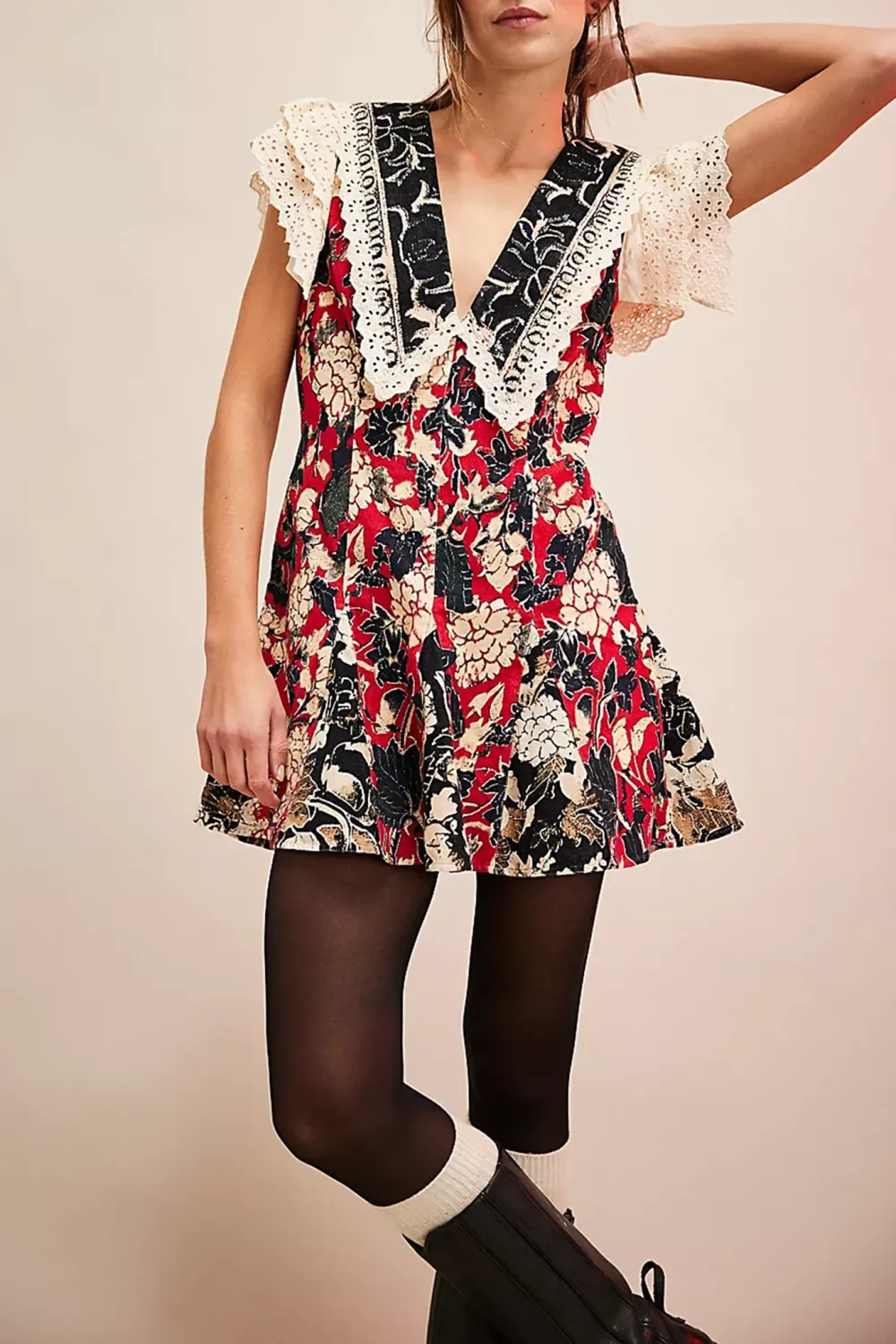 Floral Print V Neck Ruffled Mini Dress