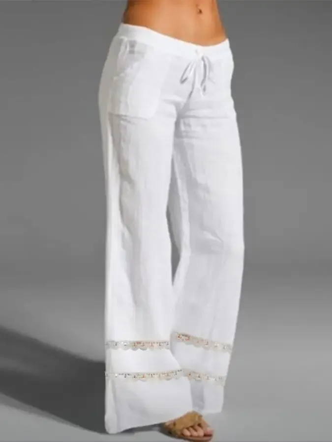 Women's Casual Lace Hollow Cotton And Hemp Trousers