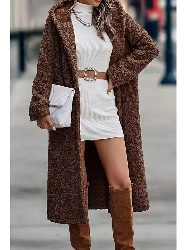 Women's Long Teddy Coat Fall Sherpa Jacket Warm Fleece Daily Going out Button Pocket Buttoned Front Hoodie Casual Solid Color Regular Fit Outerwear Long Sleeve Winter Black Brown Chocolate S M L XL