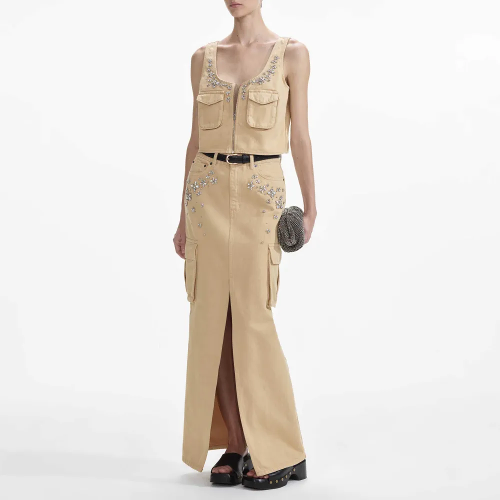 Embellished Denim Cargo Maxi Skirt