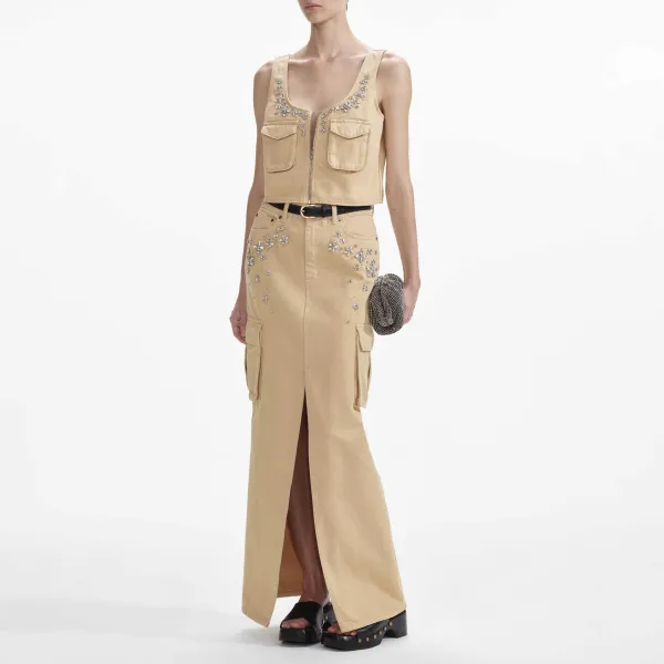 Embellished Denim Cargo Maxi Skirt