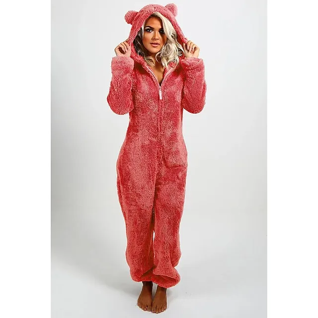 Women's Adult Onesies Onesie Pajamas Pure Color Plush Casual Comfort Home Daily Bed Polar Fleece Warm Hoodie Long Sleeve Fall Winter Light Pink claret