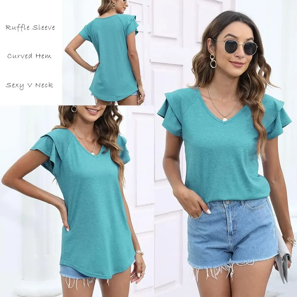 T&Twenties Womens Summer Tops Ruffle Short Sleeve Tunic Tops V Neck Loose Fit Flowy T-Shirts