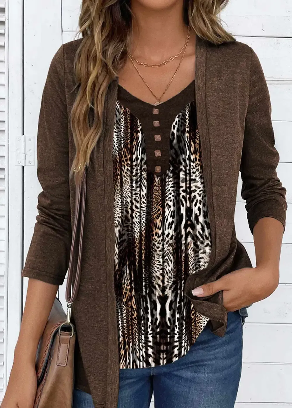 Dark Coffee Fake 2in1 Leopard Long Sleeve T Shirt