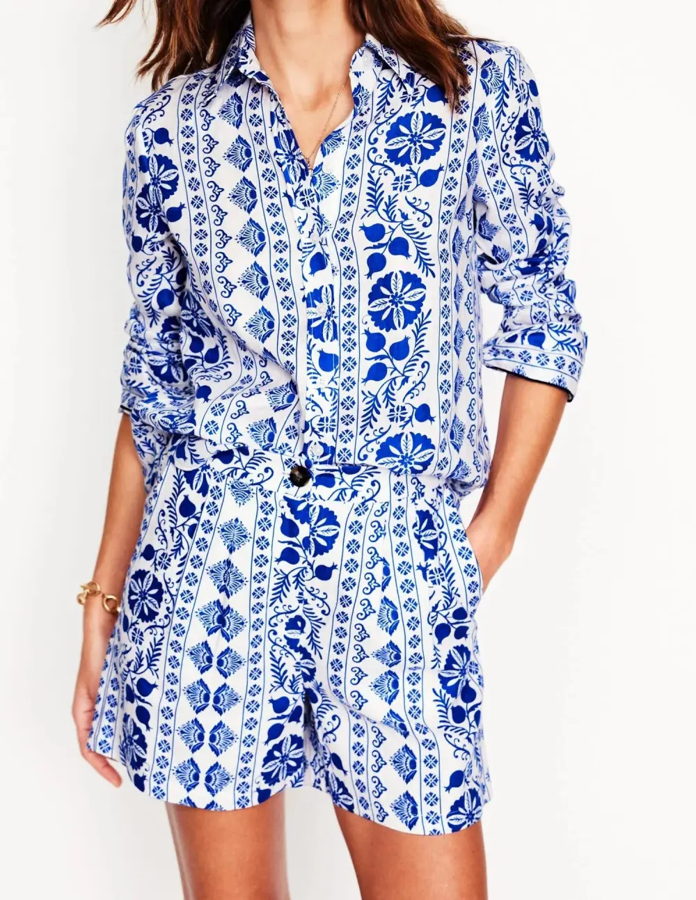 Blue and White Patterned Linen Shorts