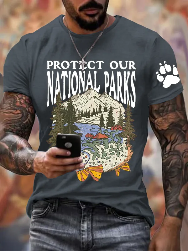 Men'S T-Shirt Men'S Support National Park Printed Crewneck T-Shirt Pure Cotton Printed Short Sleeve