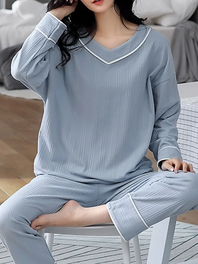 Women's Pajamas Nighty Pjs Sets 2 Pieces Pure Color Fashion Simple Comfort Home Daily Bed Cotton Breathable Gift V Wire Long Sleeve Pant Elastic Waist Basic Spring Fall Black Light Green