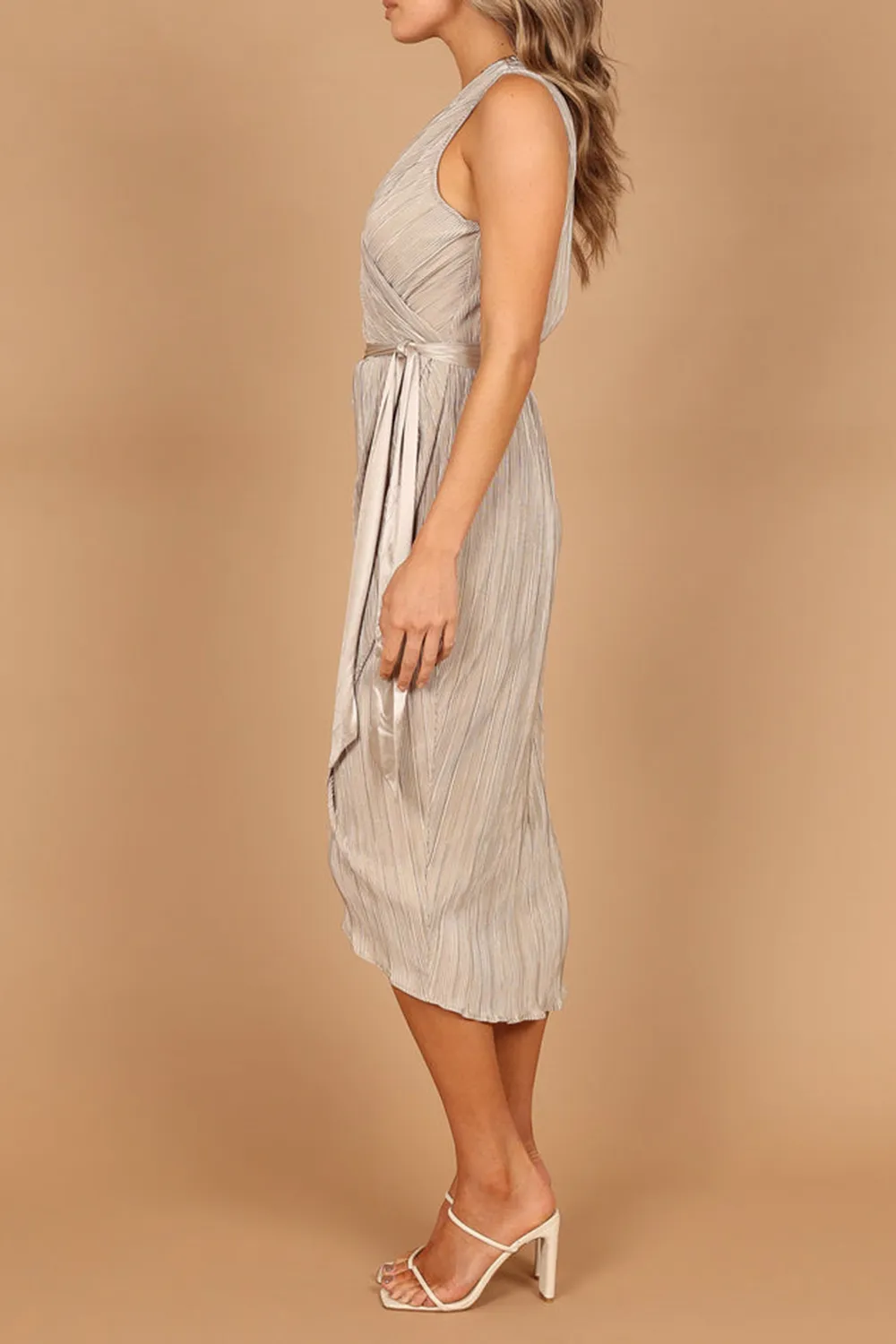 CHAMPAGNE PLEATED WRAP MIDI DRESS