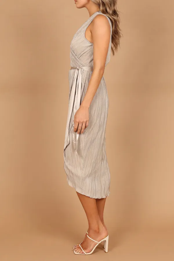 CHAMPAGNE PLEATED WRAP MIDI DRESS