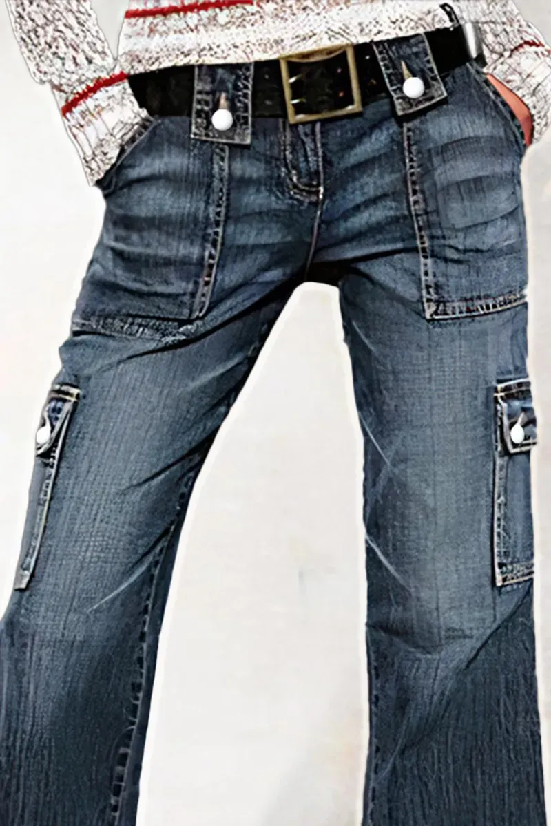 Flap Pocket Low Rise Flare Jeans Without Belt