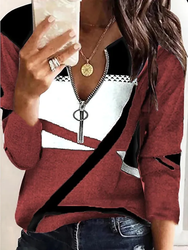 Women's Plus Size Shirt Blouse Graphic Color Block Black Red Fuchsia Quarter Zip Print Long Sleeve Casual Vintage V Neck Regular Fit Fall & Winter
