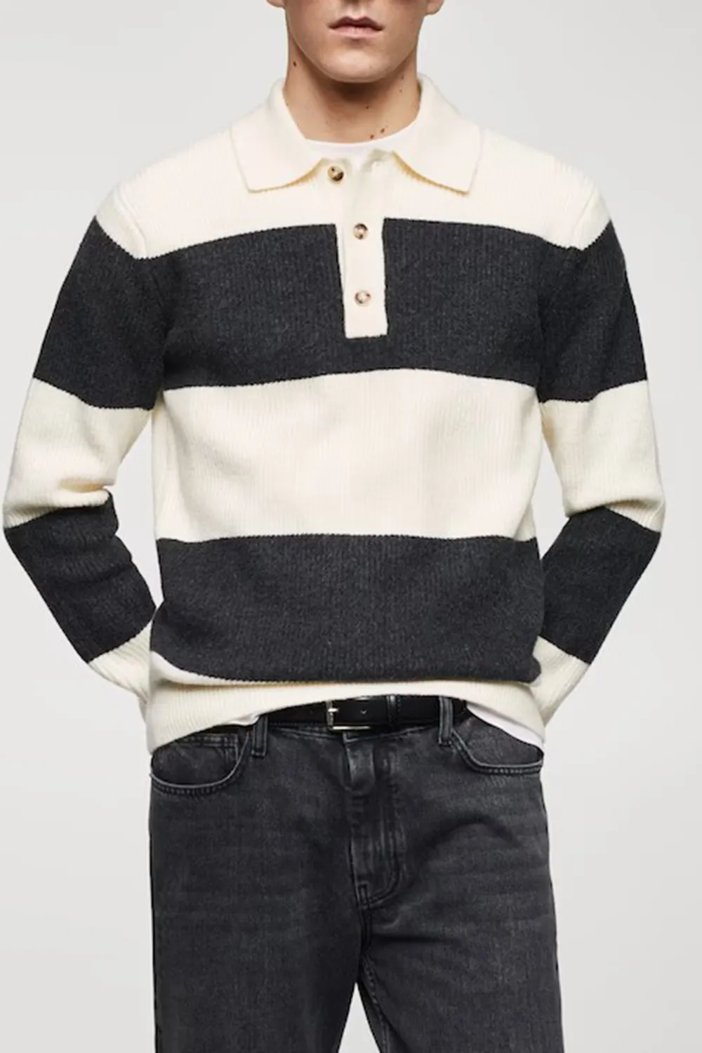 Ribbed Striped Knitted Polo Shirt