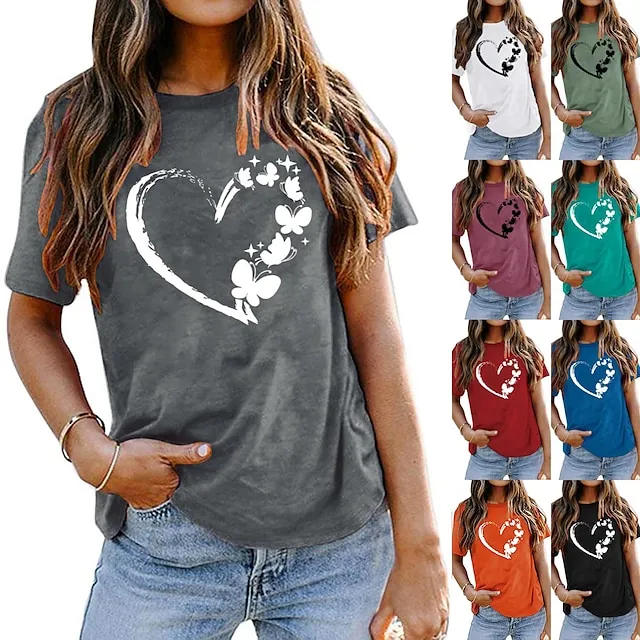 Women's T shirt Tee Cotton 100% Cotton Butterfly Heart pea green Black White Basic Print Short Sleeve Home Daily Date Basic Round Neck Regular Fit T-shirt Sleeve Summer