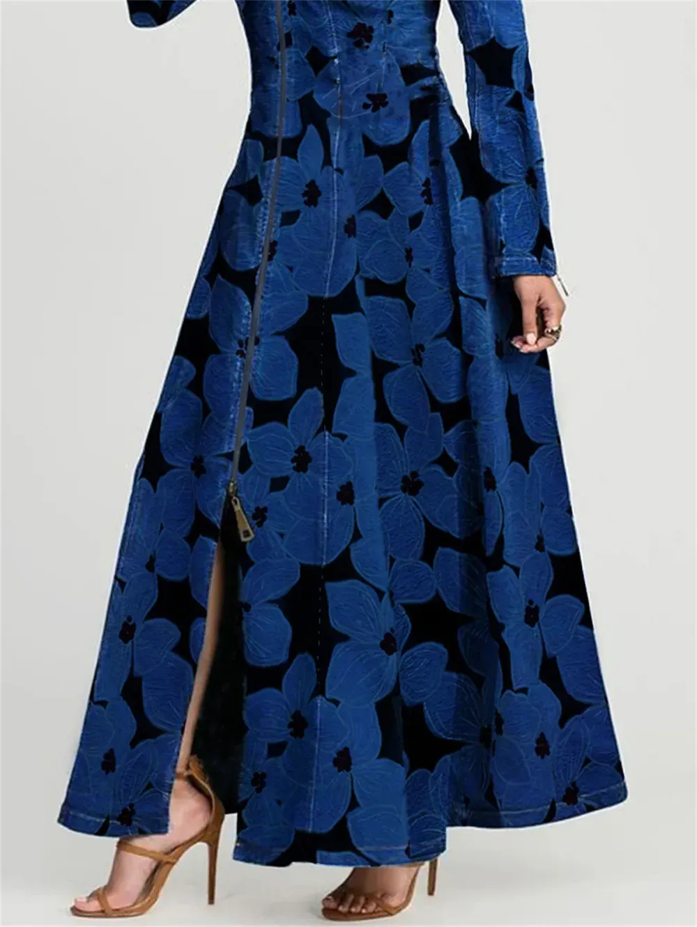Ursime Daily Long Sleeve Floral Pattern Zipper Denim Maxi Dress