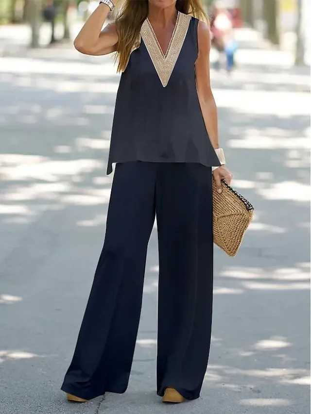 Women's Sets 2 Pieces Pure Color Comfort Home Daily Cotton Blend Comfort V Wire Sleeveless Summer Spring Lake blue Black