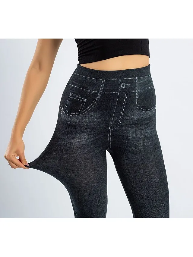 Women's Leggings Faux Denim Ankle-Length Stretchy High Waist Fashion Casual Weekend Black Blue S M