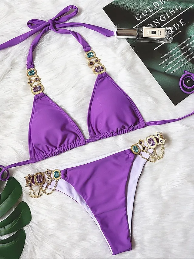 Women's Swimwear Bikini 2 Piece Normal Swimsuit Glitter Solid Color Black White Yellow Red Blue Plunge Bathing Suits Sexy Vacation Fashion