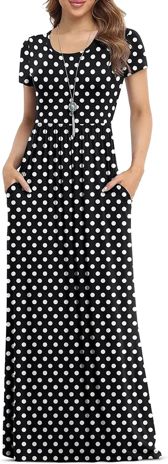 Women's Short Sleeve Loose Plain Maxi Dresses Casual Long Dresses with Pockets