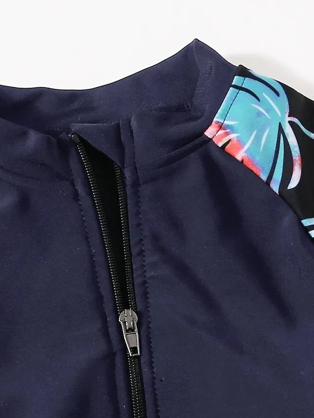 Women's Swimwear Rash Guard Diving Bathing Suits Normal Swimsuit Zipper UV Protection Modest Swimwear Tummy Control Printing Leaf Black Padded Scoop Neck Bathing Suits Sports Vacation Stylish