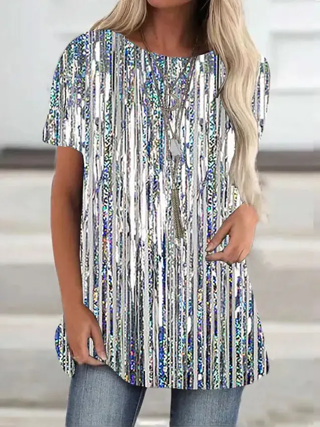 Women Short Sleeve Scoop Neck Striped Sequins Top