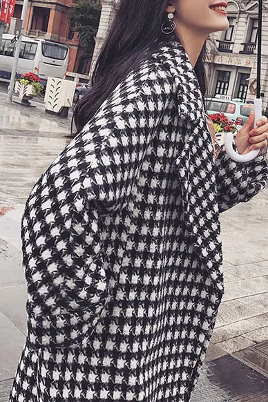Houndstooth Print Lapel Coat