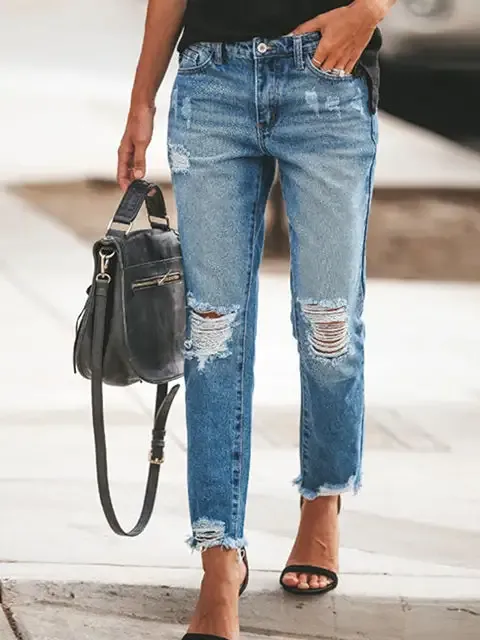 Solid Mid-rise Ripped Casual Jeans