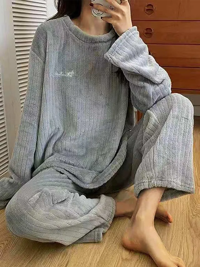 Women's Fleece Fluffy Fuzzy Warm Pajamas Sets Letter Plush Casual Comfort Home Daily Bed Coral Fleece Coral Velvet Warm Crew Neck Long Sleeve Pullover Pant Elastic Waist Fall Winter Light Pink White