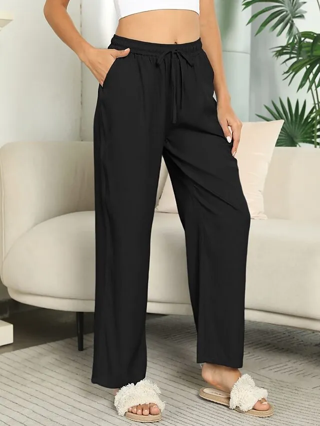 Women's Basic Essential Classic Culottes Wide Leg Chinos Drawstring Pants Casual Inelastic Solid Colored Faux Linen Lightweight Mid Waist Loose Black Blue Gray Dusty Blue S M L XL XXL