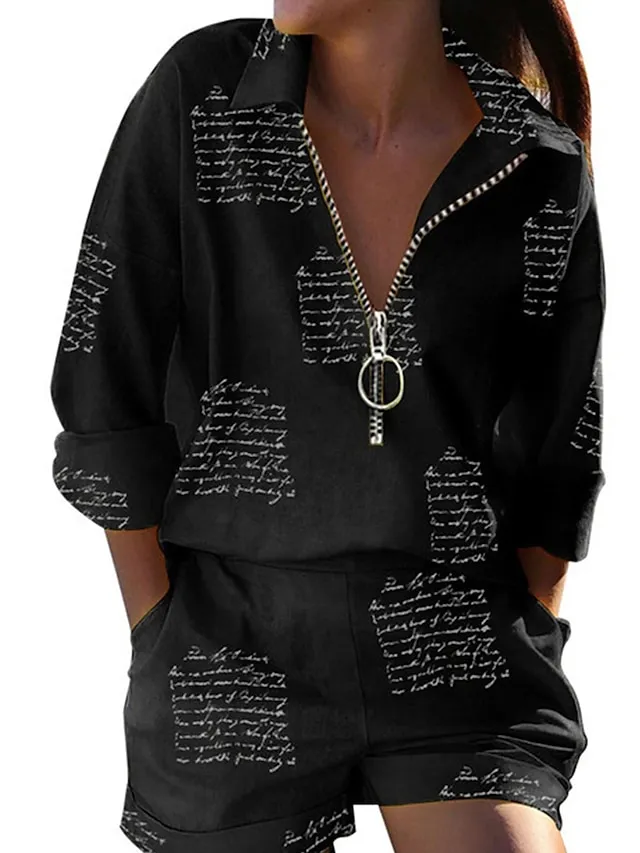 Women's Loungewear Sets Butterfly Letter Fashion Casual Street Date Airport Polyester Breathable Lapel Short Sleeve Shorts Summer Spring Black White