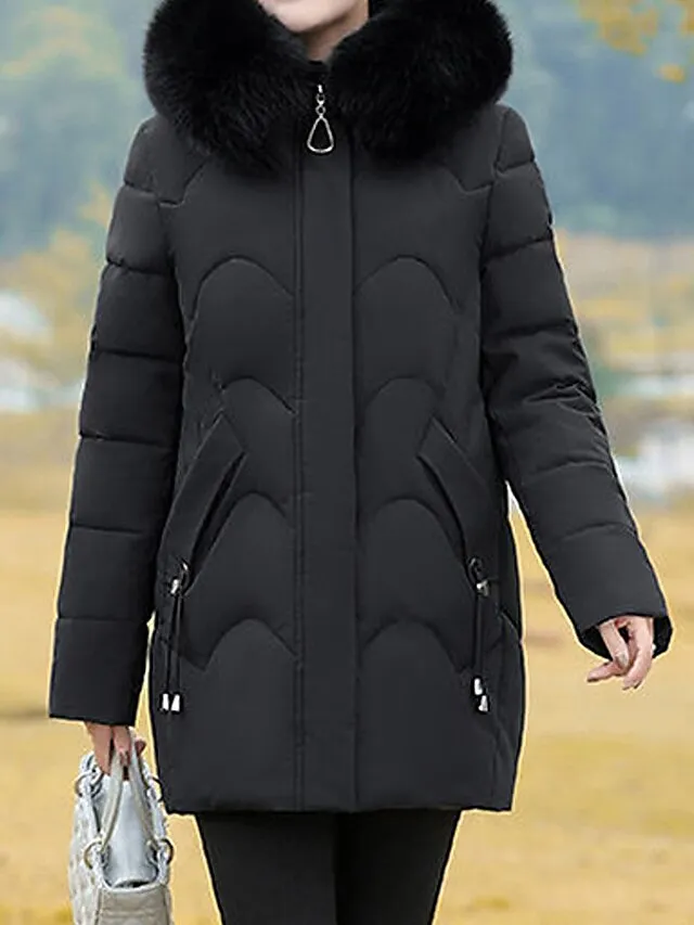 Women's Parka Warm Breathable Outdoor Street Daily Wear Going out Zipper Pocket Fur Collar Zipper Hoodie Fashion Modern Casual Street Style Solid Color Regular Fit Outerwear Long Sleeve Fall Winter