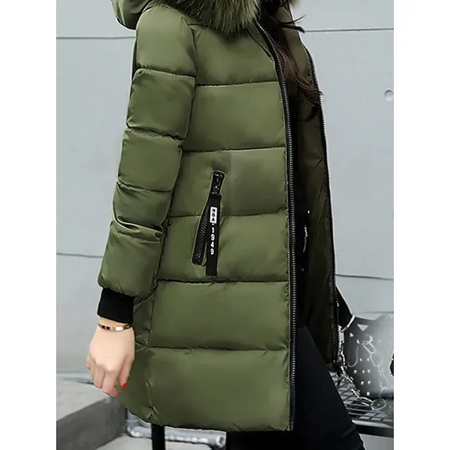 Women's Parka Long Puffer Jacket Windproof Thermal Warm Heated Coat with Pockets Winter Coat with Fur Collar Hood Long Sleeve Full Zip Black White Pink