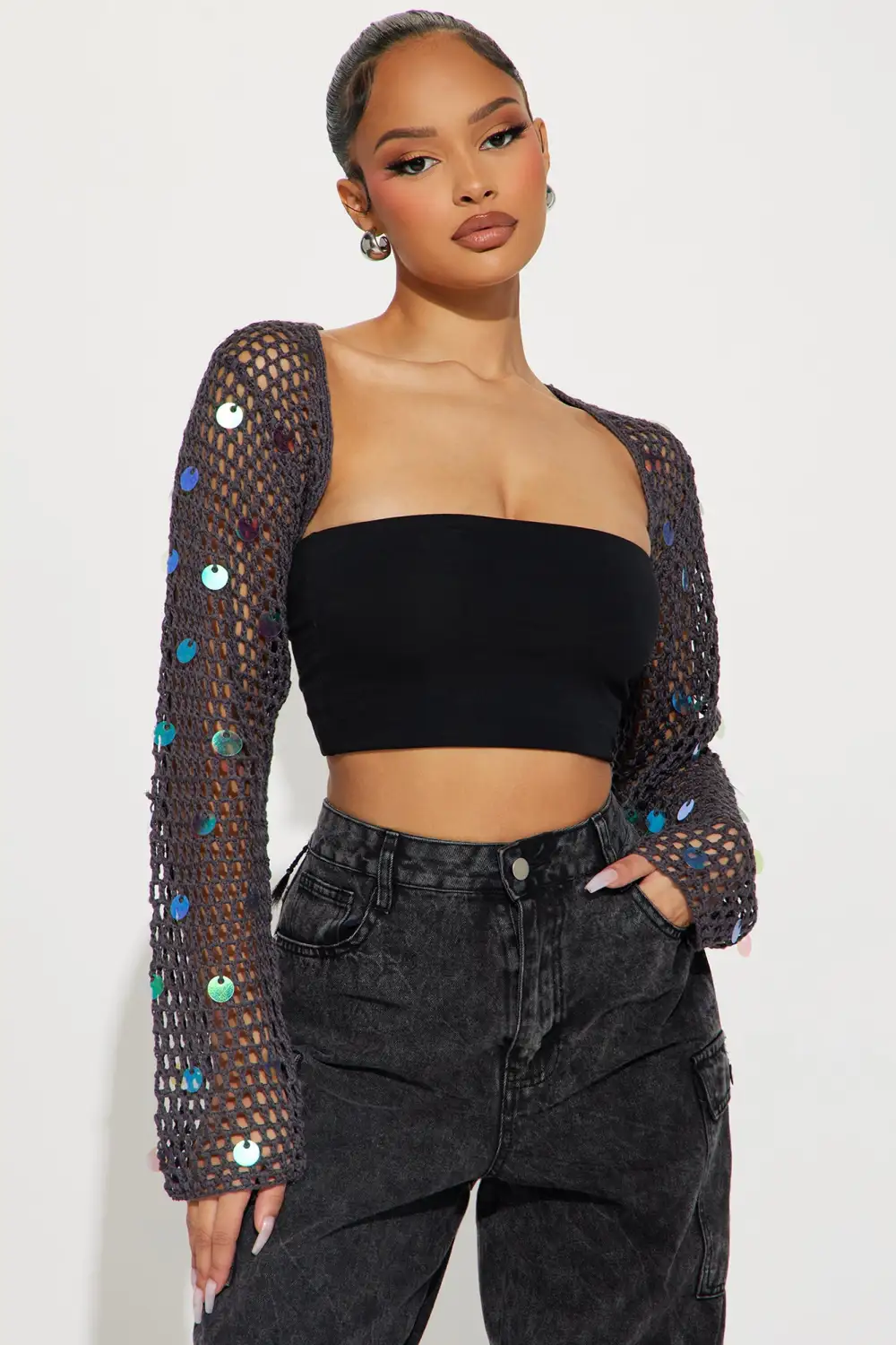 Bella Sequin Bolero Sweater - Charcoal