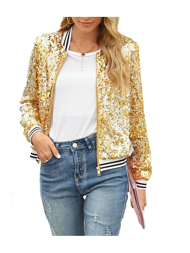 Women's Bomber Jacket Sparkly Sequins Varsity Jacket Wedding Party Daily Spring Fall Coat Regular Fit Windproof Warm Active Elegant Casual Jacket Long Sleeve Solid Color Sequins Black Blue Gold