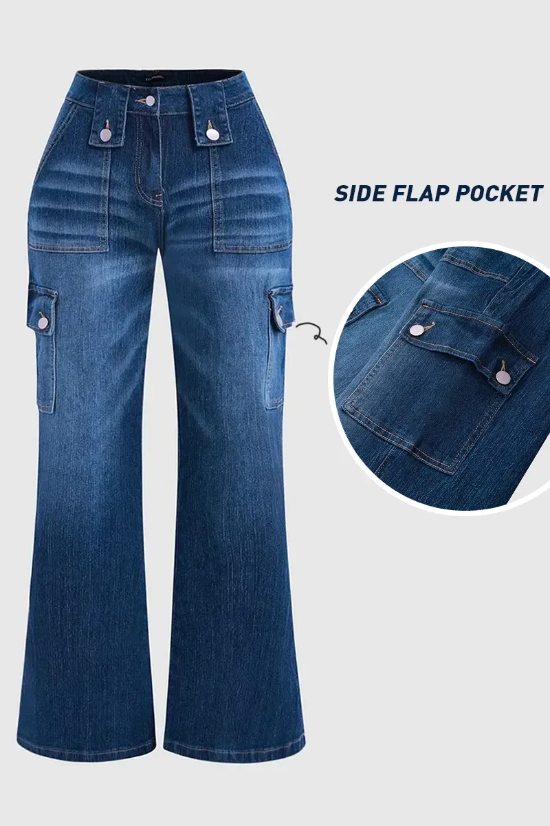Flap Pocket Low Rise Flare Jeans Without Belt
