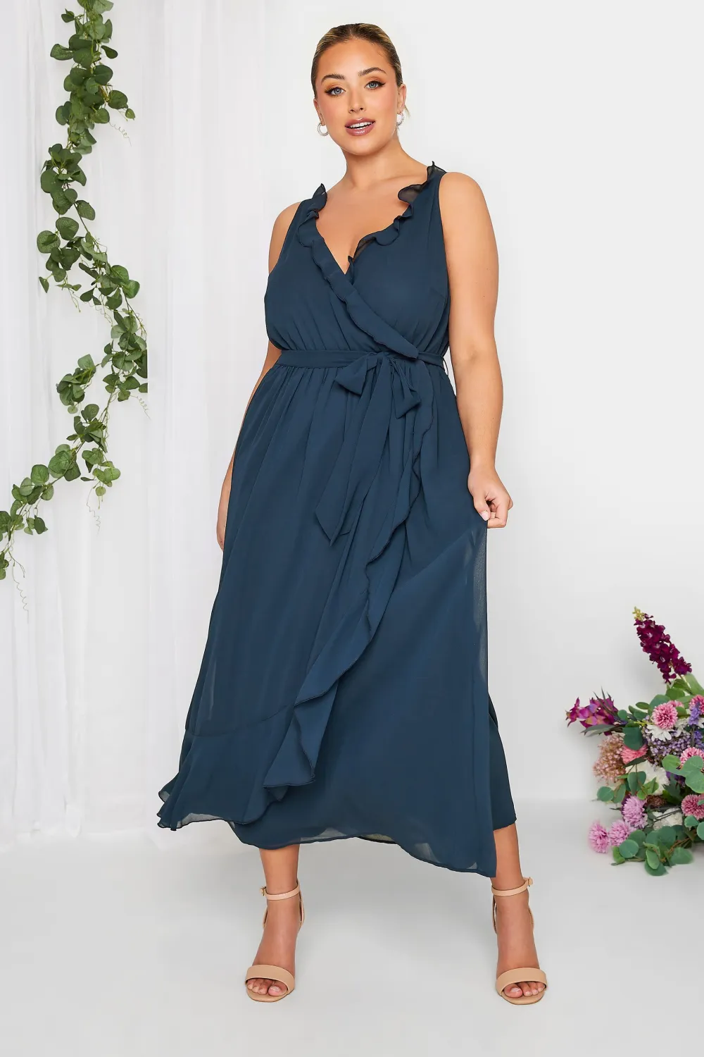 YOURS LONDON Curve Navy Blue Ruffle Wrap Dress