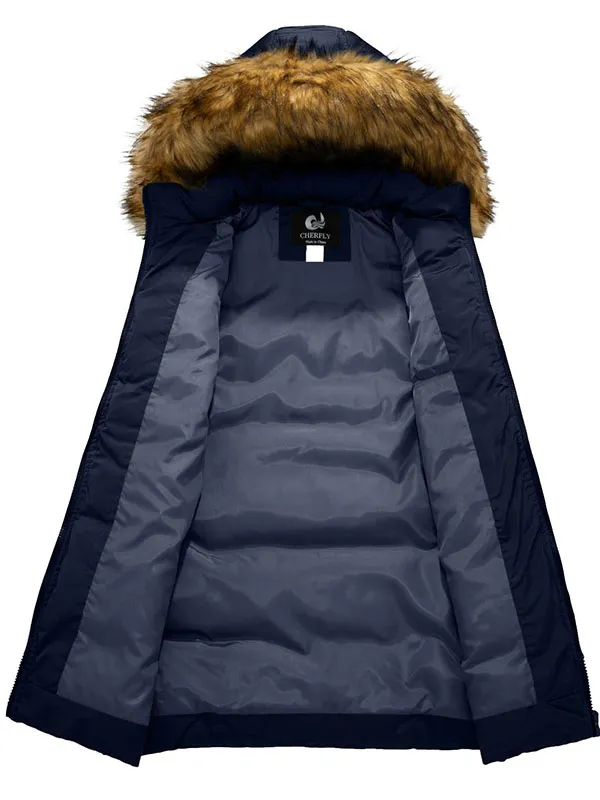 Women's cotton winter jacket padded warm long jacket with fur trim hood