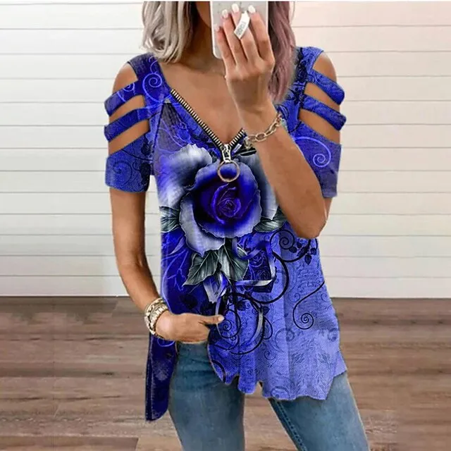 Women Tops T-Shirt Hollow-Out Shoulder Short Sleeve Casual Blouse Shirts Flower Print V-Neck Zipper Shirt