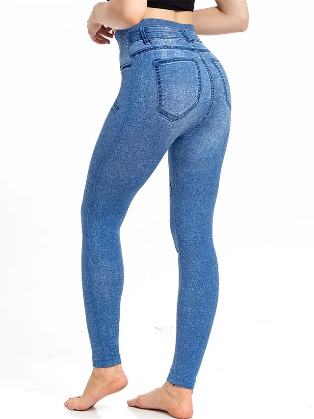 Women's Slim Pants Trousers Leggings Full Length Faux Denim Pocket High Cut High Elasticity High Waist Fashion Streetwear Street Causal Lake Blue Royal Blue S M Summer Fall