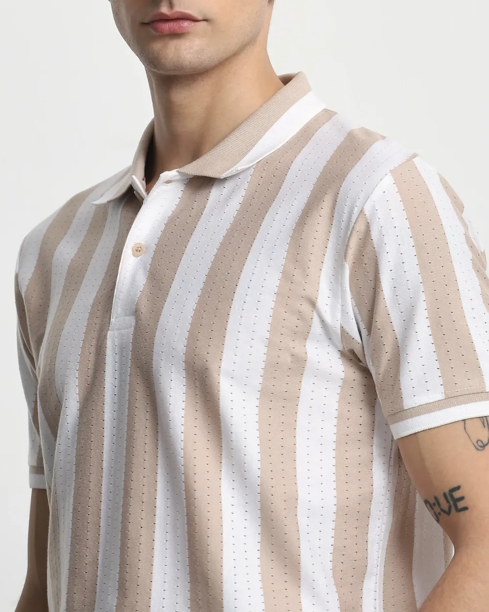 Daily Simple And Slimming Beige Striped Textured Polo Shirt