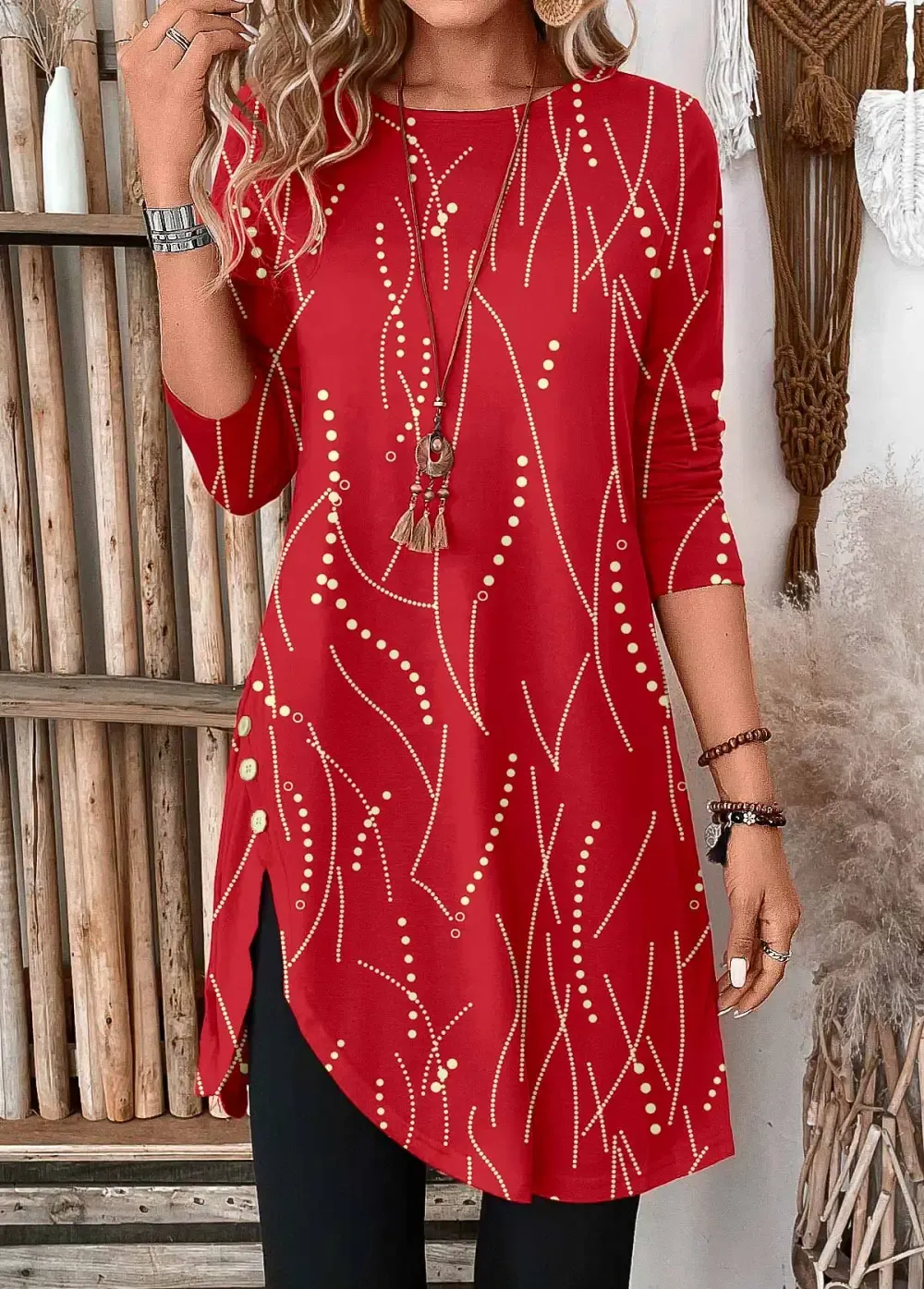 Red Button Geometric Print Long Sleeve T Shirt