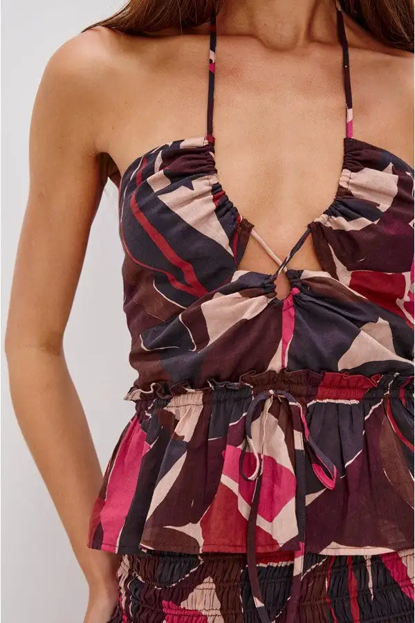Maroon Floral Halter Ruffle Top